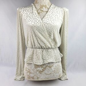 Express winter white velvet snow lepord faux wrap puff shoulder peblum top